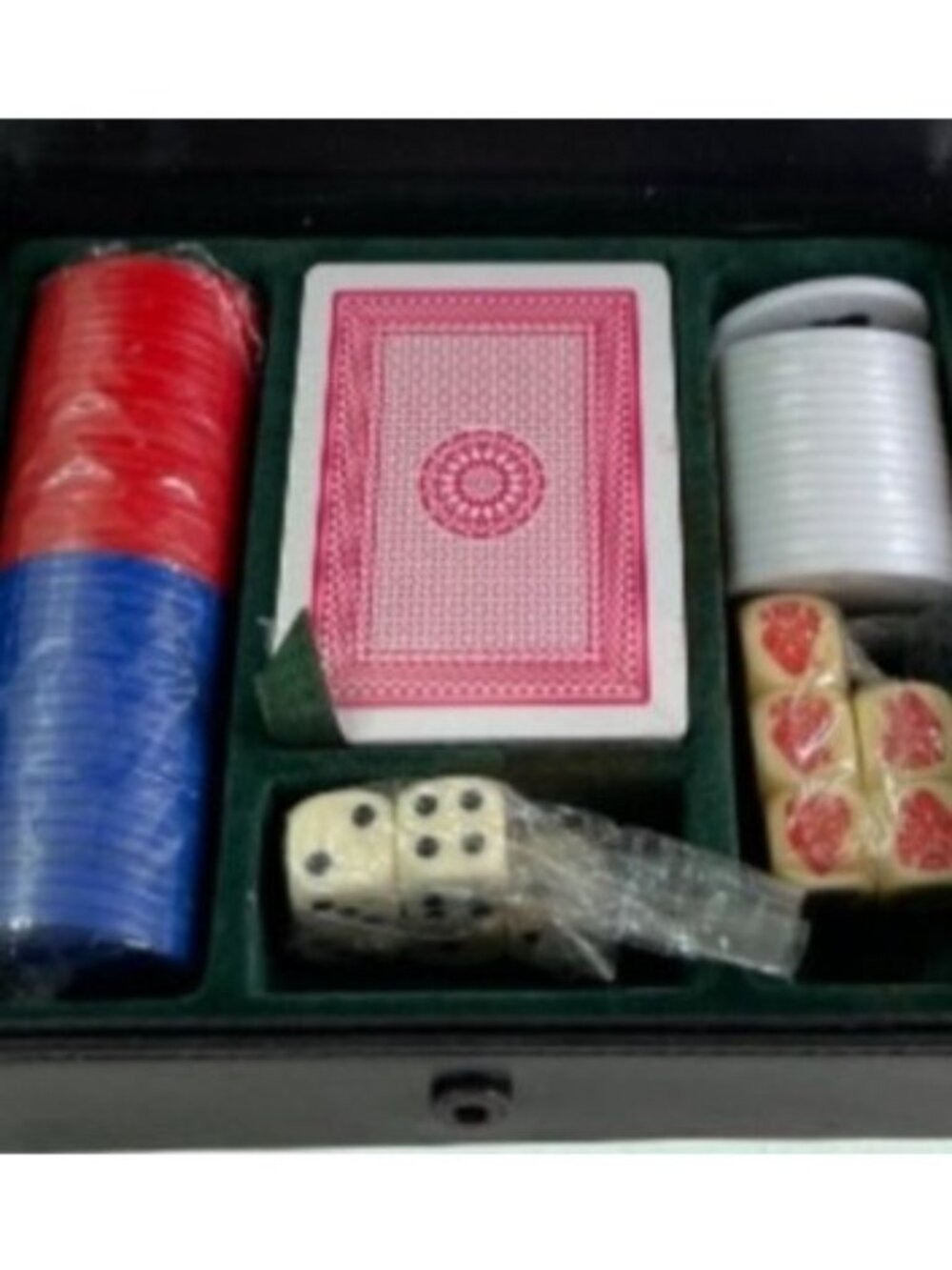 Vintage Poker Game Set in Black Leather Case Chips 2 New Card Decks 2- Dice Sets